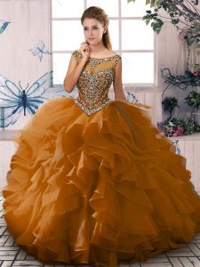 Extravagant Brown Ball Gowns Organza Scoop Sleeveless Beading and Ruffles Floor Length Lace Up Quinceanera Gowns