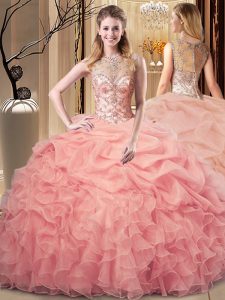 Wonderful Floor Length Peach Sweet 16 Dress Organza Sleeveless Beading and Ruffles