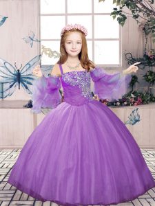  Lavender Sleeveless Floor Length Beading Lace Up Little Girls Pageant Gowns