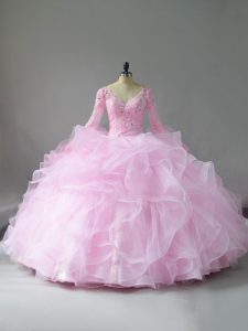 Dynamic Long Sleeves Floor Length Lace and Ruffles Lace Up Sweet 16 Dresses with Pink 