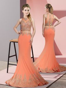 Flare Sleeveless Sweep Train Beading and Appliques Zipper Prom Party Dress