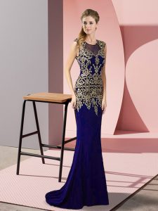 Custom Design Purple Zipper Scoop Appliques Dress for Prom Satin Sleeveless Sweep Train