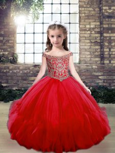 Glorious Red Off The Shoulder Lace Up Beading Pageant Gowns For Girls Sleeveless