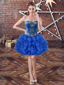 Adorable Royal Blue Sweetheart Neckline Embroidery and Ruffled Layers Evening Dress Sleeveless Lace Up
