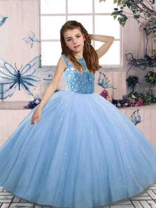  Beading Little Girls Pageant Dress Blue Lace Up Sleeveless Floor Length