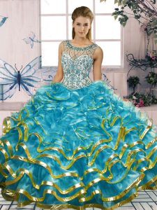  Blue Ball Gowns Organza Scoop Sleeveless Beading and Ruffles Floor Length Lace Up Quinceanera Dress
