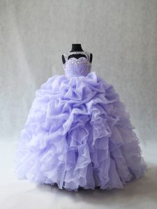 Trendy Organza Scoop Sleeveless Brush Train Lace Up Beading and Ruffles and Pick Ups Child Pageant Dress in Lavender