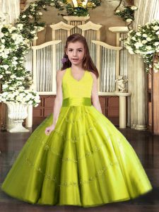Eye-catching Sleeveless Floor Length Beading Lace Up Little Girl Pageant Gowns with Yellow Green