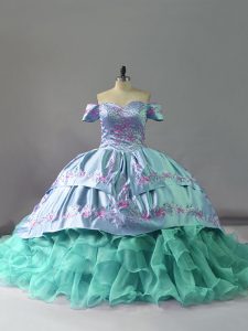  Chapel Train Ball Gowns 15th Birthday Dress Blue Off The Shoulder Organza Sleeveless Lace Up