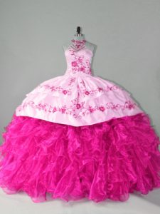  Hot Pink Lace Up Halter Top Embroidery and Ruffles Sweet 16 Quinceanera Dress Organza Sleeveless Court Train