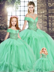 Artistic Off The Shoulder Sleeveless Tulle Quinceanera Dresses Beading and Ruffles Lace Up