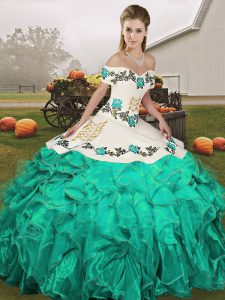 Dazzling Turquoise Sleeveless Floor Length Embroidery and Ruffles Lace Up 15 Quinceanera Dress