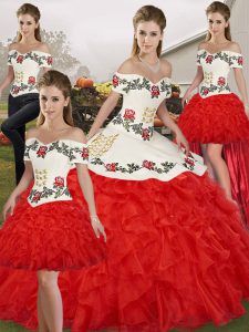  White And Red Sleeveless Floor Length Embroidery and Ruffles Lace Up Vestidos de Quinceanera