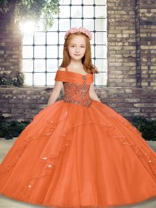  Floor Length Ball Gowns Sleeveless Orange Girls Pageant Dresses Lace Up