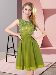 Simple Olive Green Chiffon Backless Scoop Sleeveless Mini Length Dama Dress Beading and Appliques