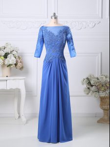 Fancy Half Sleeves Floor Length Lace Zipper Prom Gown with Blue