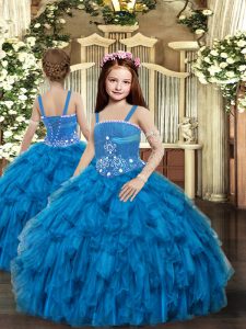  Floor Length Lace Up Little Girls Pageant Gowns Blue for Party and Wedding Party with Beading