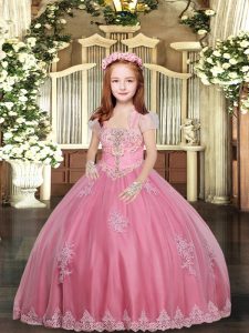 Hot Sale Floor Length Pink Little Girl Pageant Dress Straps Sleeveless Lace Up