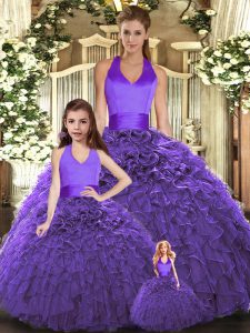 Dramatic Tulle Halter Top Sleeveless Lace Up Ruffles Sweet 16 Dress in Purple