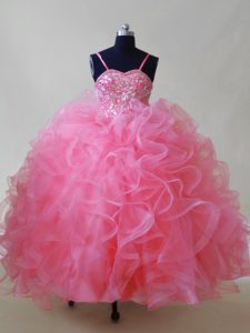Glorious Sleeveless Tulle Floor Length Lace Up Kids Formal Wear in Pink with Beading and Ruffles