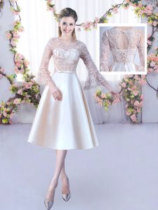  Tea Length A-line 3 4 Length Sleeve Champagne Quinceanera Court Dresses Lace Up