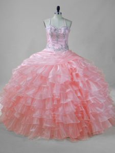 Smart Floor Length Lace Up Sweet 16 Dress Pink for Sweet 16 and Quinceanera with Beading and Ruffled Layers