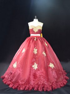  Red and Burgundy Organza Zipper Sweetheart Sleeveless 15 Quinceanera Dress Appliques