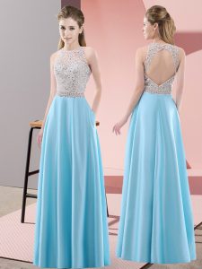 Flare Floor Length Backless Evening Dress Baby Blue for Prom and Party with Beading