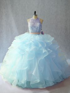 Glittering Light Blue Vestidos de Quinceanera Sweet 16 and Quinceanera with Beading and Ruffles Scoop Sleeveless Brush Train Backless
