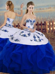 Best Royal Blue Tulle Lace Up Sweetheart Sleeveless Floor Length Quince Ball Gowns Embroidery and Ruffles and Bowknot