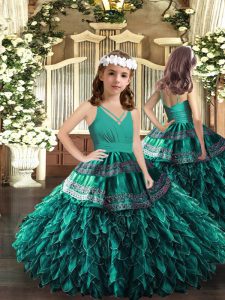 Beauteous V-neck Sleeveless Little Girl Pageant Dress Floor Length Appliques and Ruffles Turquoise Organza