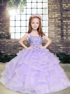  Floor Length Lavender Kids Formal Wear Tulle Sleeveless Beading and Ruffles