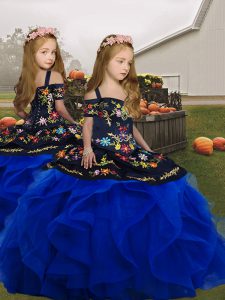  Royal Blue Ball Gowns Straps Sleeveless Tulle Floor Length Lace Up Embroidery and Ruffles Kids Formal Wear
