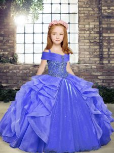 Nice Floor Length Blue Little Girls Pageant Dress Wholesale Straps Sleeveless Lace Up