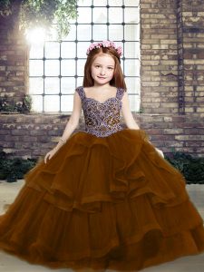 Sweet Brown Straps Lace Up Beading Little Girl Pageant Dress Sleeveless