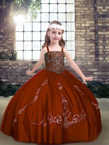 Elegant Floor Length Rust Red Kids Pageant Dress Straps Sleeveless Lace Up