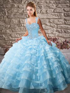  Beading and Ruffled Layers Quinceanera Gowns Blue Lace Up Sleeveless Court Train