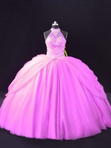 Fabulous Lilac Ball Gowns Halter Top Sleeveless Tulle Floor Length Lace Up Beading and Pick Ups Sweet 16 Quinceanera Dress