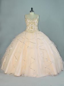 Fantastic Champagne Ball Gowns Straps Sleeveless Tulle Floor Length Lace Up Beading and Ruffles Sweet 16 Dress