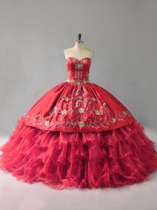 Designer Red Lace Up Quince Ball Gowns Embroidery and Ruffles Sleeveless Floor Length
