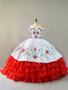  Organza Off The Shoulder Sleeveless Court Train Lace Up Embroidery and Ruffled Layers Quinceanera Gowns in White And Red 