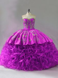 Great Sweetheart Sleeveless Sweet 16 Quinceanera Dress Brush Train Beading and Embroidery and Ruffles Fuchsia Organza and Fabric With Rolling Flowers