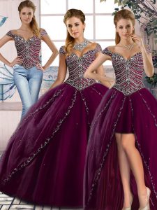  Beading Quinceanera Dress Purple Lace Up Cap Sleeves Brush Train