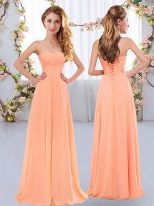 Stylish Peach Lace Up Quinceanera Court of Honor Dress Ruching Sleeveless Floor Length