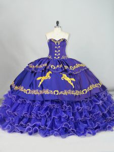 Deluxe Sleeveless Organza Brush Train Lace Up Sweet 16 Dresses in Purple with Embroidery and Ruffled Layers