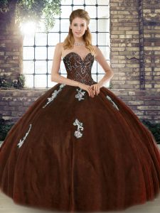  Floor Length Brown Quince Ball Gowns Tulle Sleeveless Beading and Appliques