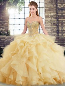 Sumptuous Tulle Sweetheart Sleeveless Brush Train Lace Up Beading and Ruffles 15th Birthday Dress in Gold