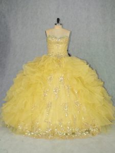 High Quality Yellow Sleeveless Floor Length Appliques and Ruffles Lace Up Quinceanera Dress
