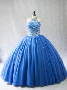  Halter Top Sleeveless Brush Train Lace Up Sweet 16 Dress Blue Tulle