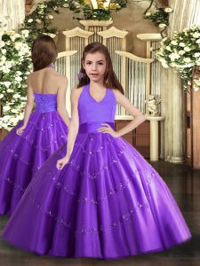 Sleeveless Tulle Floor Length Lace Up Pageant Gowns For Girls in Purple with Beading